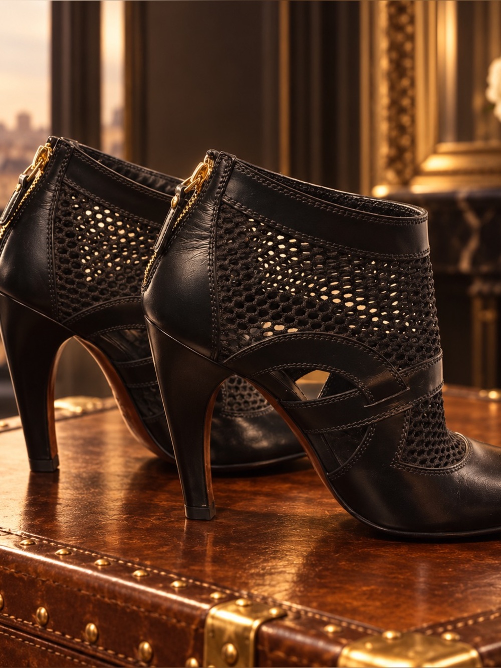 Authentic Louis Vuitton Black Mesh Leather Stiletto Booties | Size 37